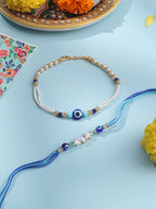 NVR Set of 2 Blue Evil Eye Artificial Stones & Beads Bhaiya Bhabhi Rakhi with Roli Chawal Chandan & Mishri | Grocsy