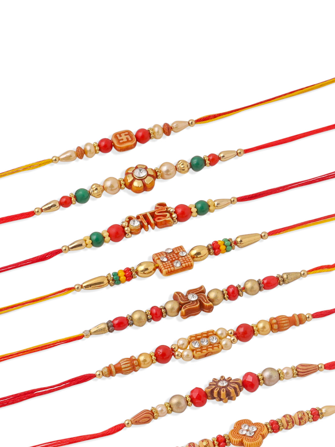 NVR Men Set of 10 Floral Design Red Artificial Stones and Beads Thread Rakhi Combo | Grocsy