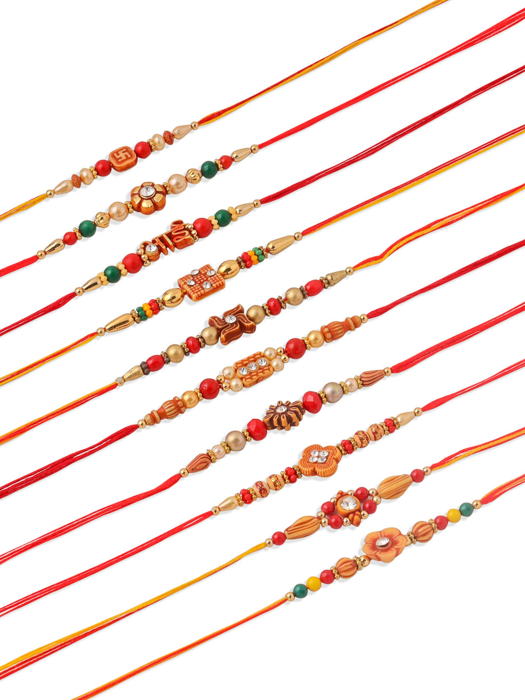 NVR Men Set of 10 Floral Design Red Artificial Stones and Beads Thread Rakhi with Roli Chawal Chandan & Mishri | Grocsy