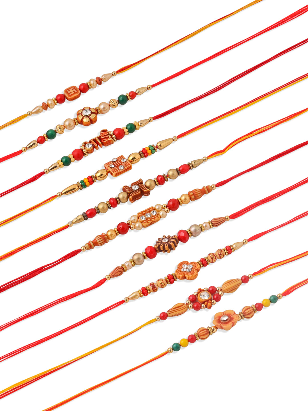 NVR Men Set of 10 Floral Design Red Artificial Stones and Beads Thread Rakhi with Roli Chawal Chandan & Mishri | Grocsy