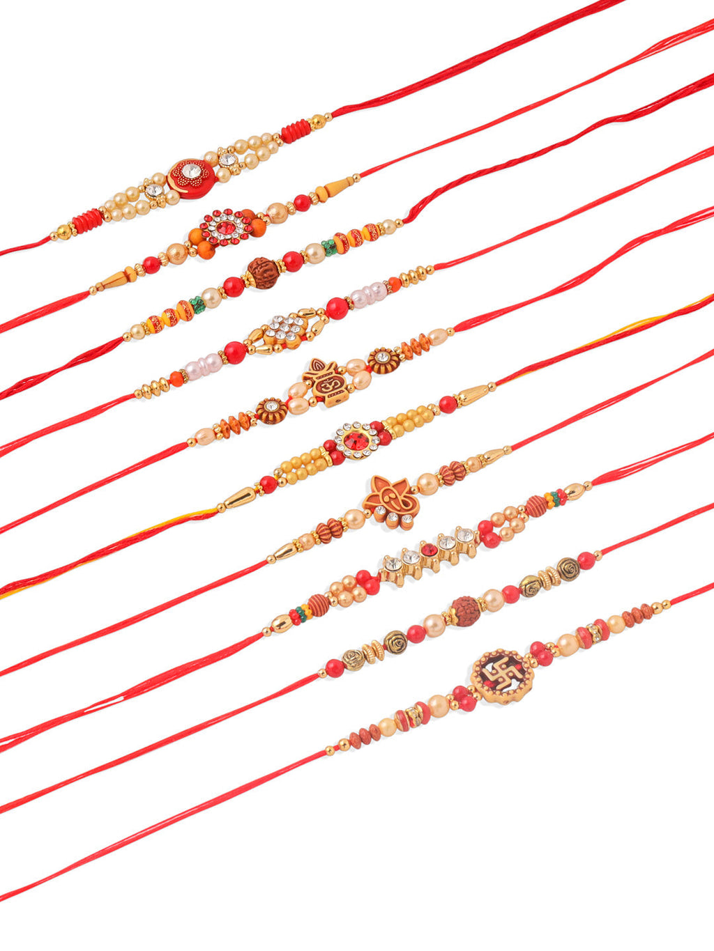 NVR Men Set of 10 Red Artificial Stones and Beads Rudraksh Thread Rakhi Combo | Grocsy