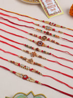 NVR Men Set of 10 Red Artificial Stones and Beads Rudraksh Thread Rakhi with Roli Chawal Chandan & Mishri | Grocsy