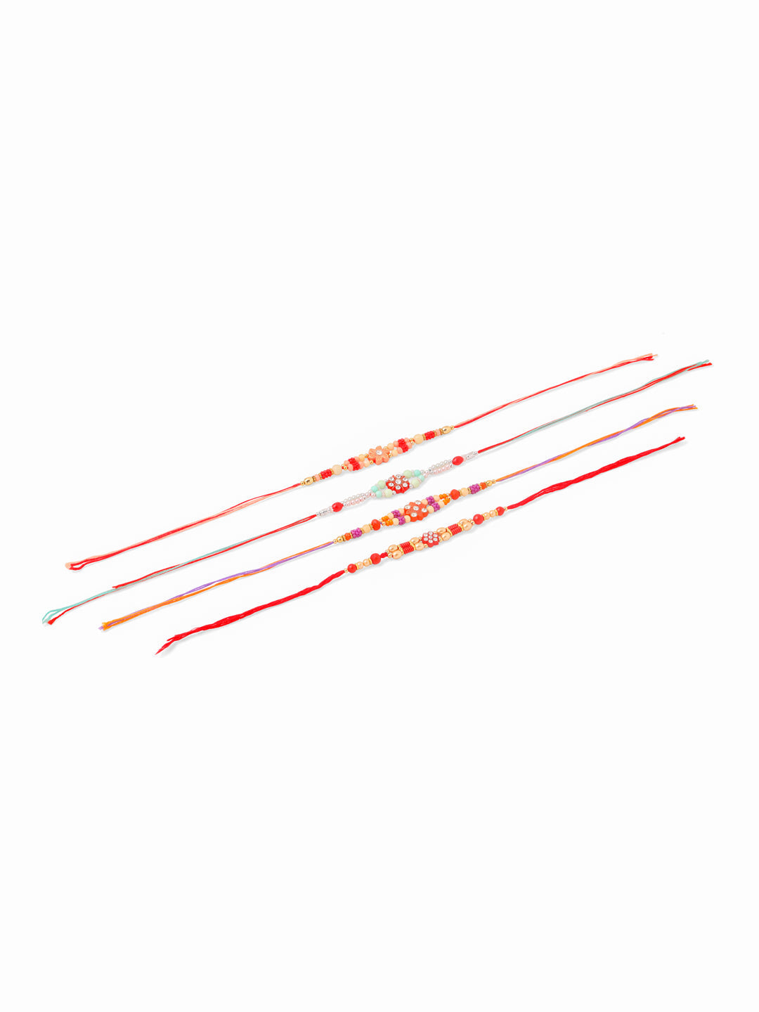 NVR Men Set of 4 Floral Design Multicolor Artificial Stones and Beads Thread Rakhi with Roli Chawal Chandan & Mishri | Grocsy