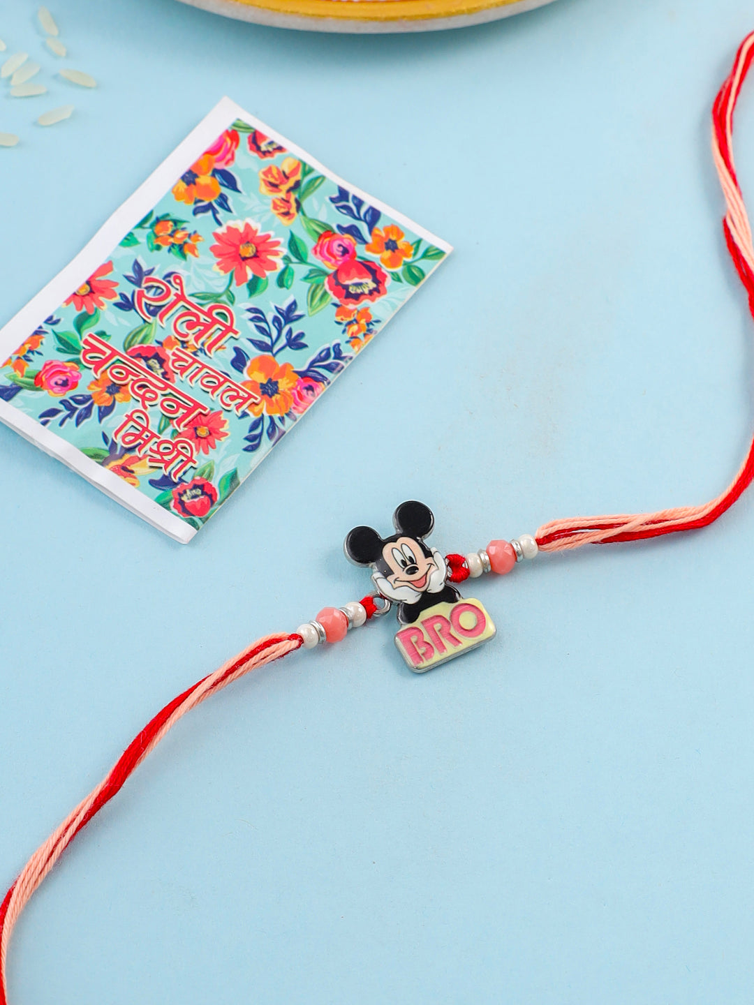 NVR Kids Micky Mouse Character Artificial Beads Thread Rakhi with Roli Chawal Chandan & Mishri | Grocsy