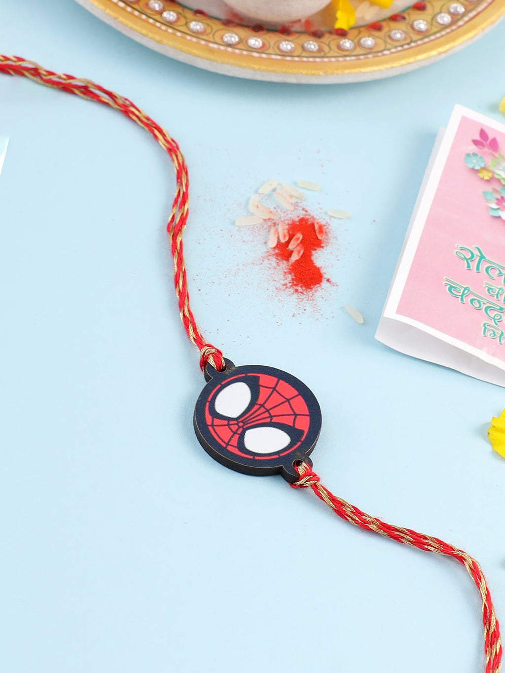 NVR Kids Superhero Red Thread Rakhi with Roli Chawal Chandan & Mishri | Grocsy
