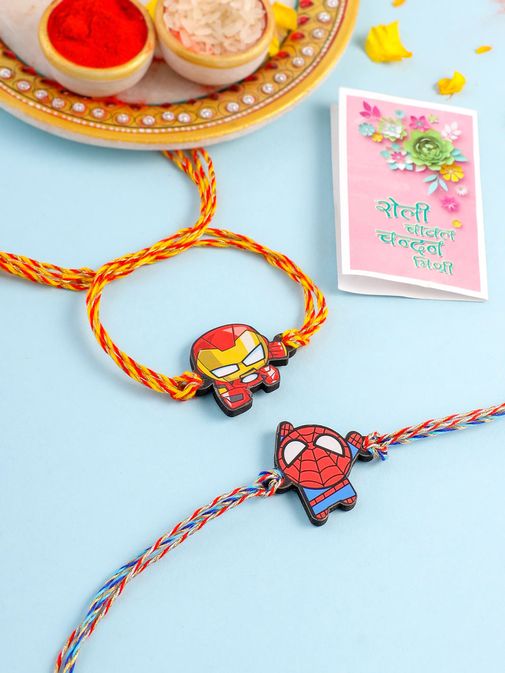 NVR Kids Set of 2 Cute Cartoon Superhero Thread Rakhi with Roli Chawal Chandan & Mishri | Grocsy