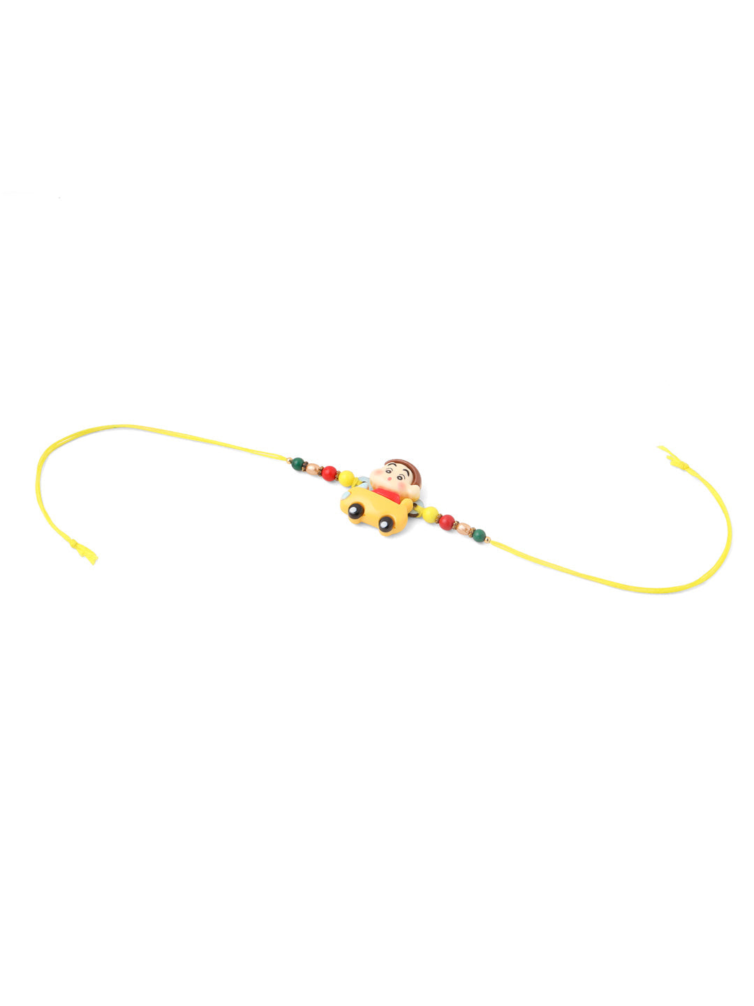 NVR Kids Yellow Cartoon Artificial Beads Rakhi with Roli Chawal Chandan & Mishri | Grocsy