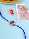 NVR Kids Superhero Blue Artificial Beads Thread Rakhi with Roli Chawal Chandan & Mishri | Grocsy