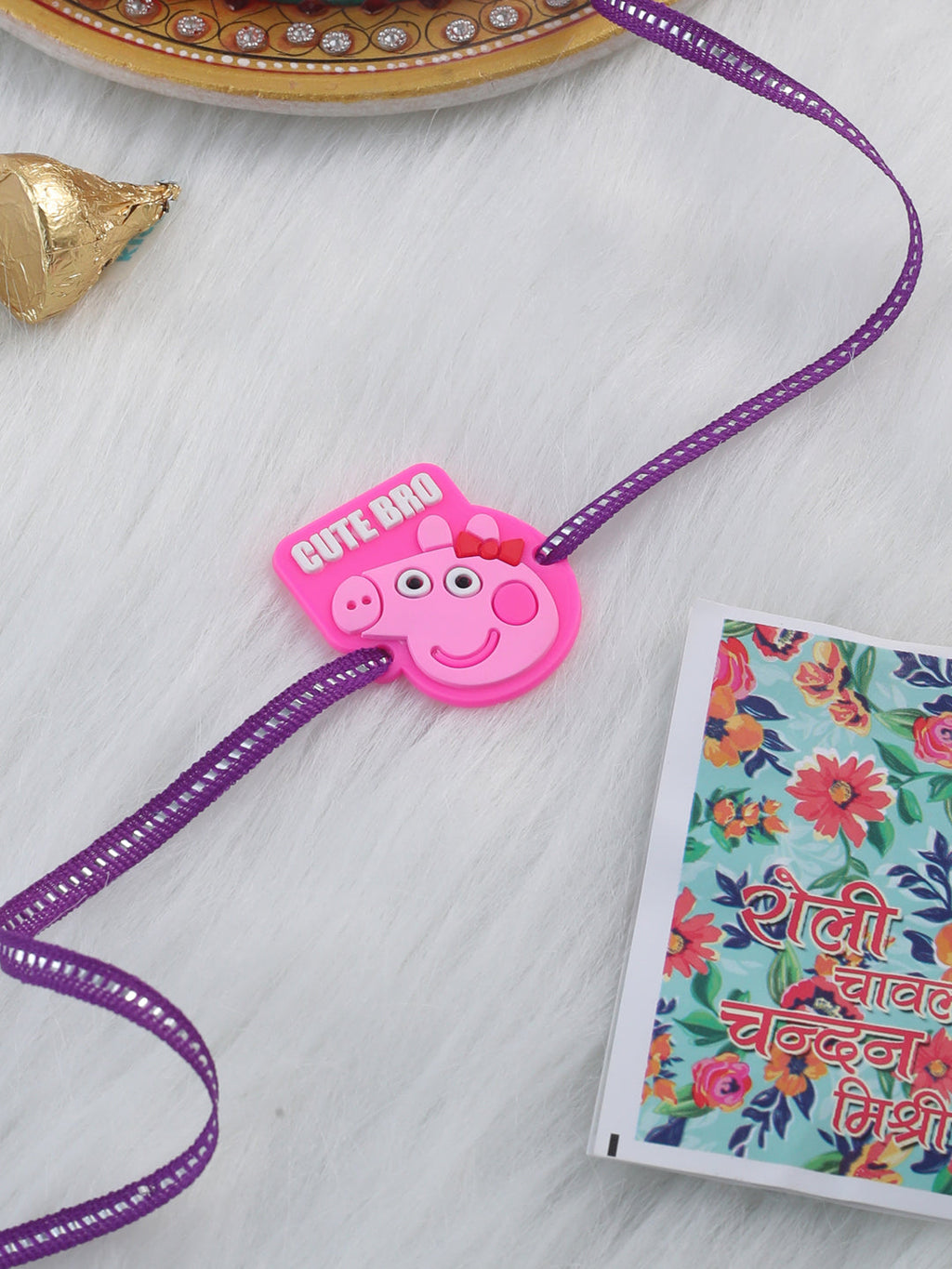 NVR Stylish Pink Cartoon Character Kids Rakhi with Roli Chawal Chandan & Mishri | Grocsy