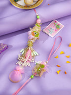 NVR Set of 2 Handcrafted Multicolor Pearls Bhaiya Bhabhi Rakhi with Roli Chawal Chandan & Mishri | Grocsy