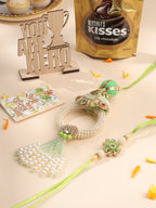 NVR Set of 2 Handcrafted Green Artificial Stones & Pearls Bhaiya Bhabhi Rakhi Combo | Grocsy