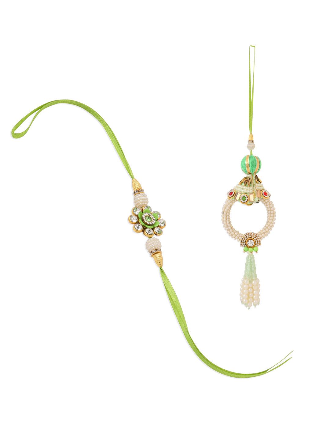 NVR Set of 2 Handcrafted Green Artificial Stones & Pearls Bhaiya Bhabhi Rakhi Combo | Grocsy