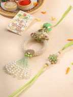 NVR Set of 2 Handcrafted Green Artificial Stones & Pearls Bhaiya Bhabhi Rakhi with Roli Chawal Chandan & Mishri | Grocsy