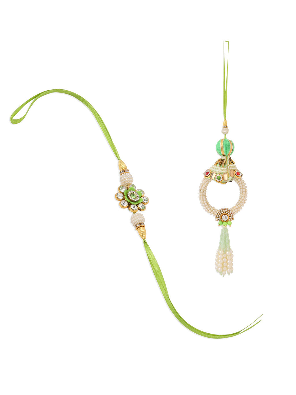 NVR Set of 2 Handcrafted Green Artificial Stones & Pearls Bhaiya Bhabhi Rakhi with Roli Chawal Chandan & Mishri | Grocsy