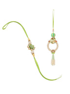 NVR Set of 2 Handcrafted Green Artificial Stones & Pearls Bhaiya Bhabhi Rakhi with Roli Chawal Chandan & Mishri | Grocsy