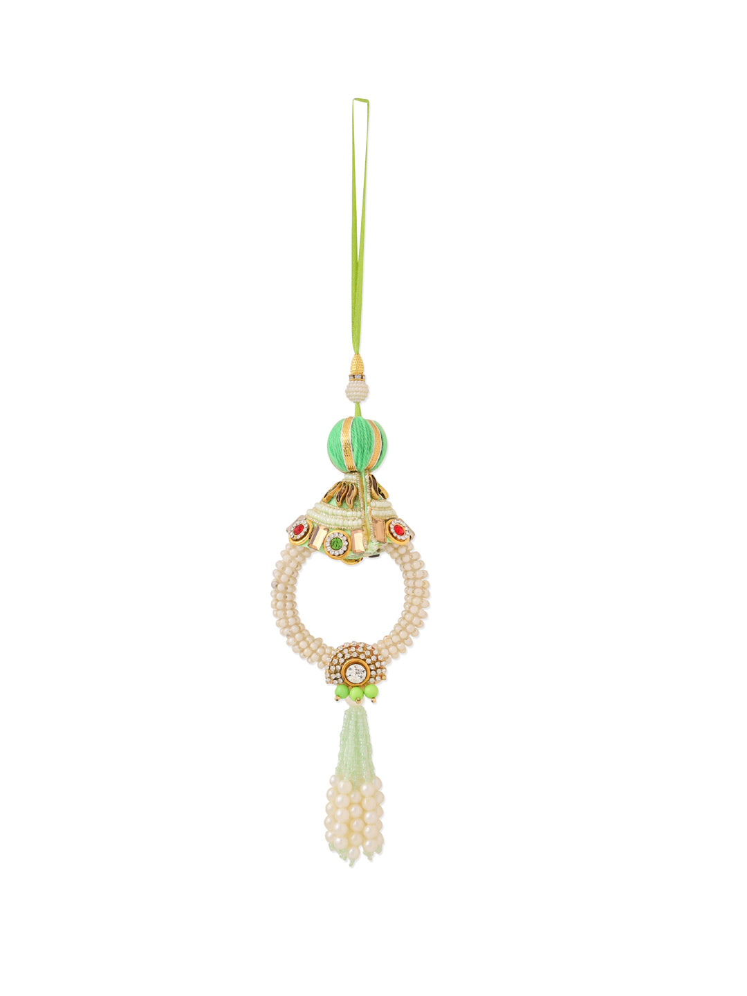 NVR Set of 2 Handcrafted Green Artificial Stones & Pearls Bhaiya Bhabhi Rakhi with Roli Chawal Chandan & Mishri | Grocsy