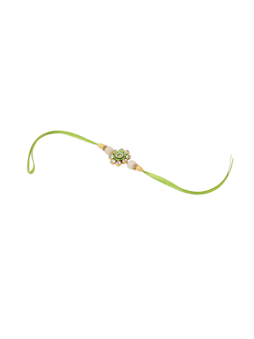 NVR Set of 2 Handcrafted Green Artificial Stones & Pearls Bhaiya Bhabhi Rakhi with Roli Chawal Chandan & Mishri | Grocsy