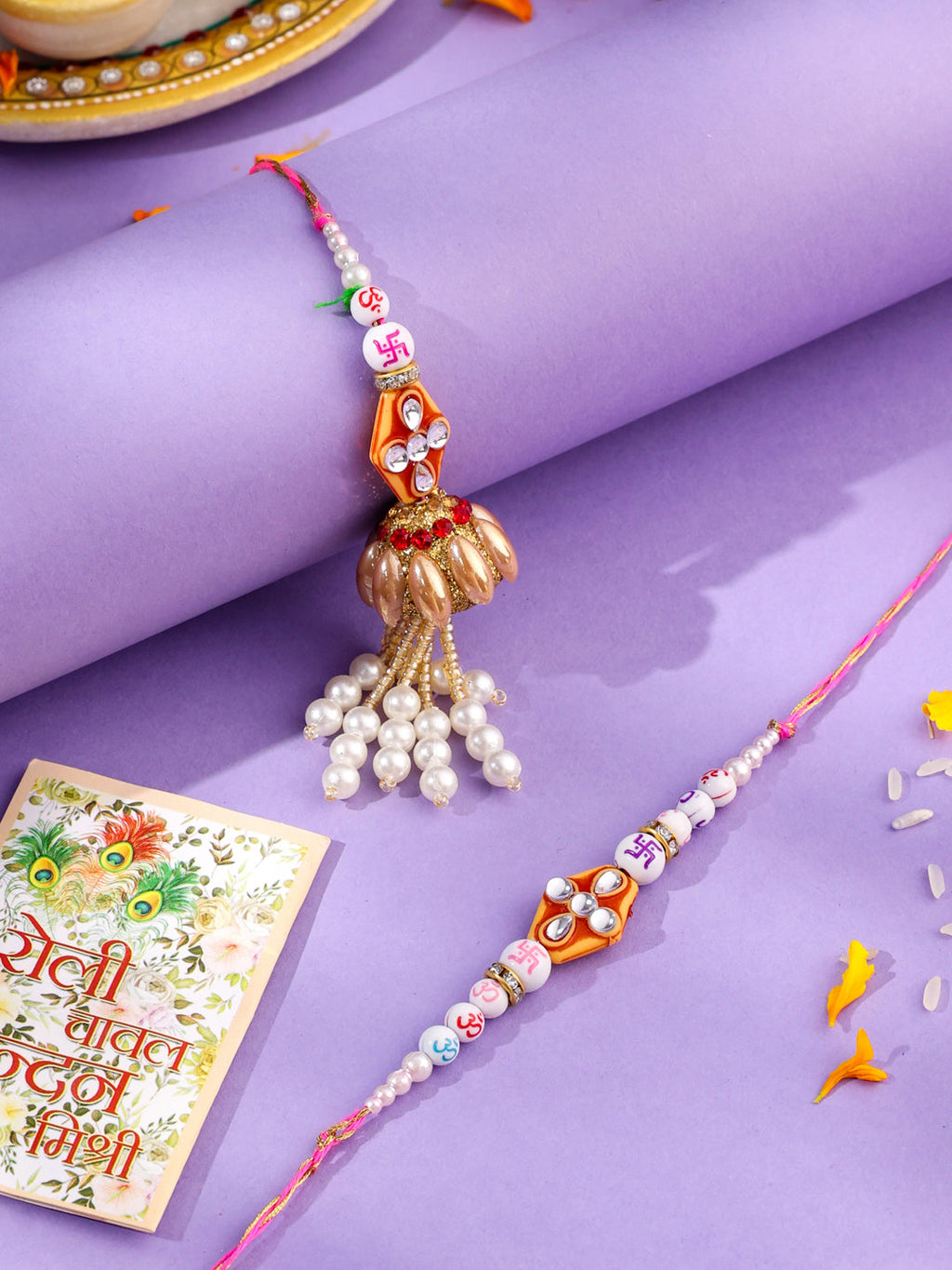NVR Set of 2 Multicolor Artificial Stones & Pearls Bhaiya Bhabhi Rakhi with Roli Chawal Chandan & Mishri | Grocsy