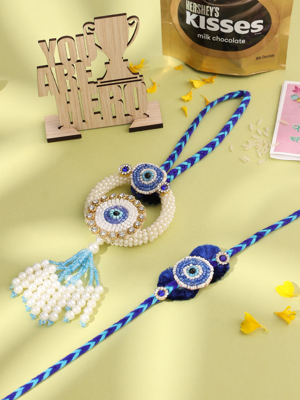 NVR Set of 2 Blue Evil Eye Artificial Stones & Pearls Bhaiya Bhabhi Rakhi Combo | Grocsy