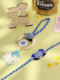 NVR Set of 2 Blue Evil Eye Artificial Stones & Pearls Bhaiya Bhabhi Rakhi Combo | Grocsy