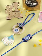NVR Set of 2 Blue Evil Eye Artificial Stones & Pearls Bhaiya Bhabhi Rakhi Combo | Grocsy