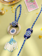 NVR Set of 2 Blue Evil Eye Artificial Stones & Pearls Bhaiya Bhabhi Rakhi with Roli Chawal Chandan & Mishri | Grocsy