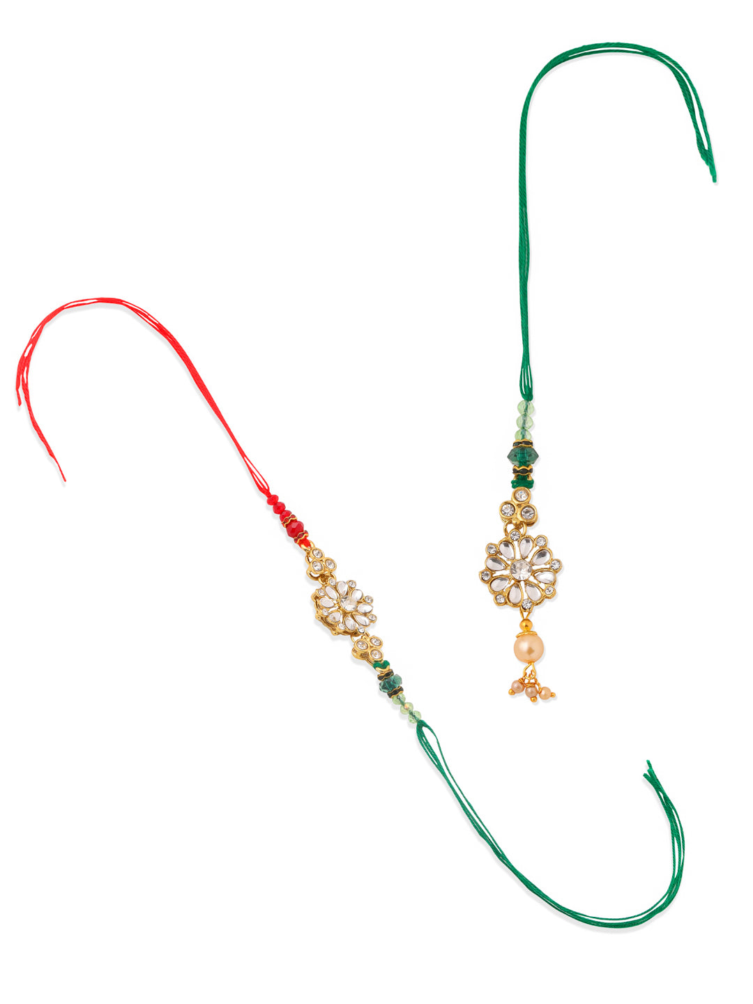 NVR Set of 2 Gold Toned Kundan Studded Floral Design Bhaiya Bhabhi Rakhi Combo | Grocsy