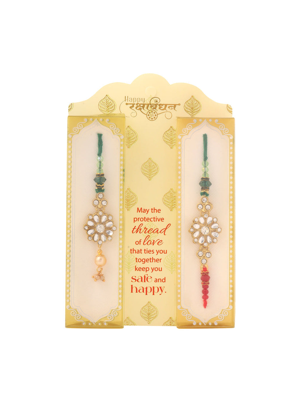 NVR Set of 2 Gold Toned Kundan Studded Floral Design Bhaiya Bhabhi Rakhi Combo | Grocsy