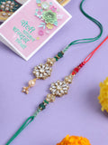 NVR Set of 2 Gold Toned Kundan Studded Floral Design Bhaiya Bhabhi Rakhi with Roli Chawal Chandan & Mishri | Grocsy