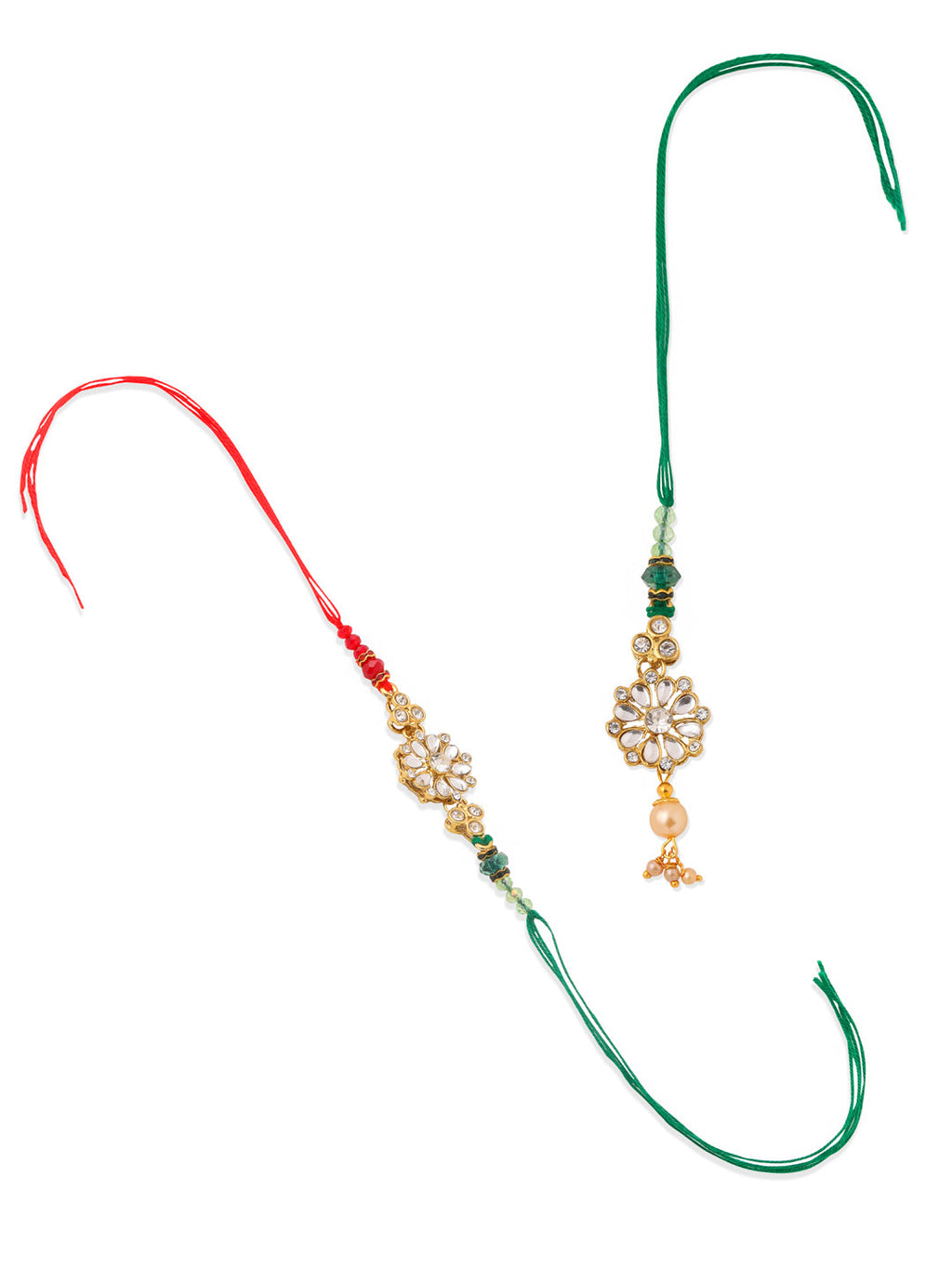 NVR Set of 2 Gold Toned Kundan Studded Floral Design Bhaiya Bhabhi Rakhi with Roli Chawal Chandan & Mishri | Grocsy