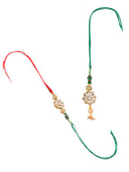 NVR Set of 2 Gold Toned Kundan Studded Floral Design Bhaiya Bhabhi Rakhi with Roli Chawal Chandan & Mishri | Grocsy
