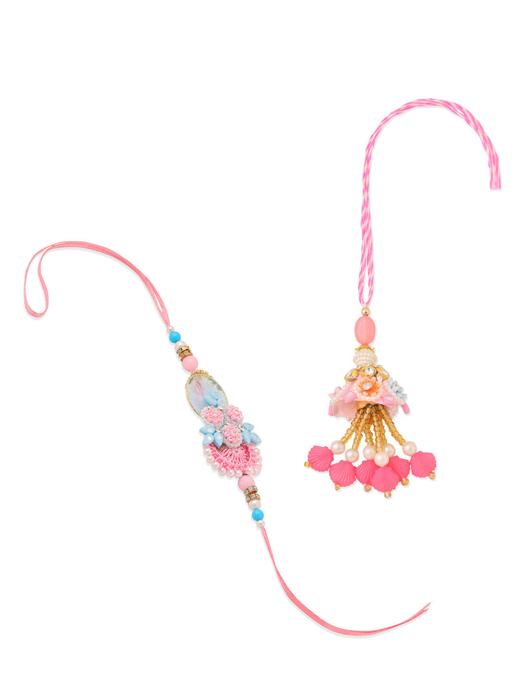 NVR Set of 2 Multicolor Handcrafted Artificial Stones & Pearls Bhaiya Bhabhi Rakhi Combo | Grocsy