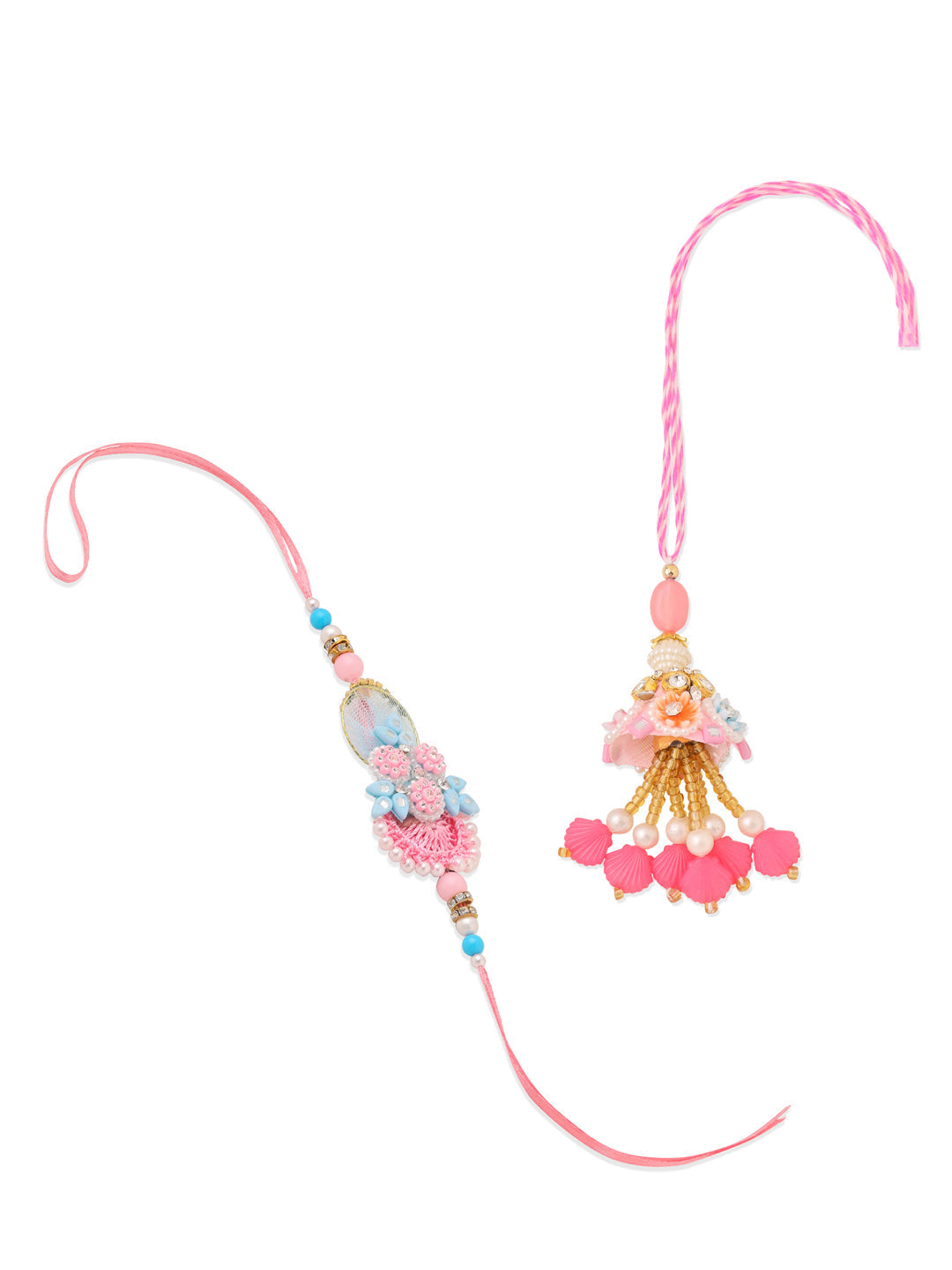 NVR Set of 2 Multicolor Handcrafted Artificial Stones & Pearls Bhaiya Bhabhi Rakhi Combo | Grocsy