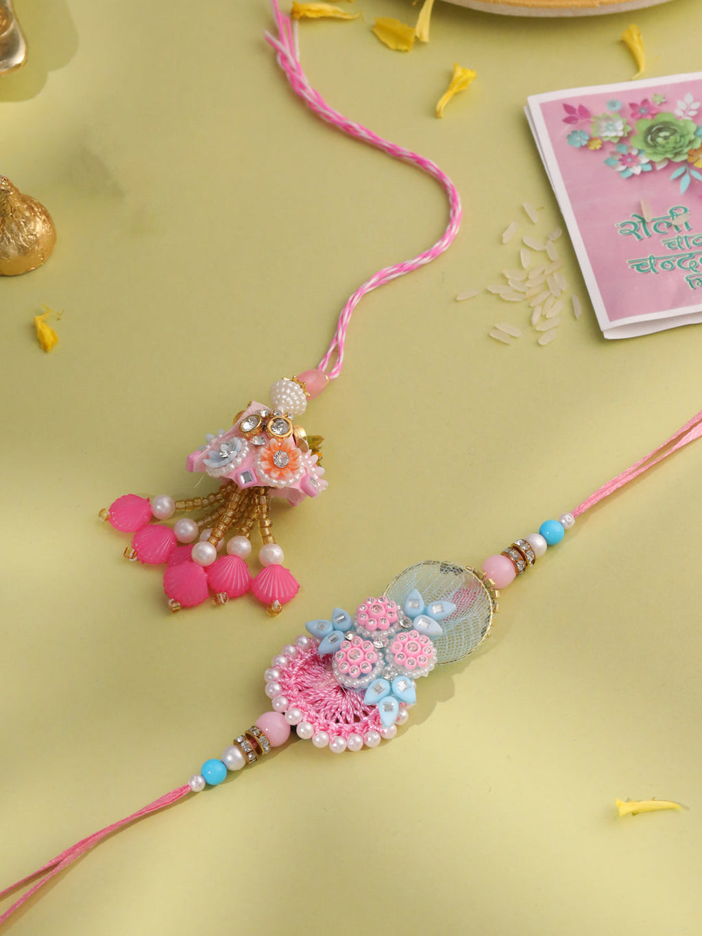 NVR Set of 2 Multicolor Handcrafted Artificial Stones & Pearls Bhaiya Bhabhi Rakhi with Roli Chawal Chandan & Mishri | Grocsy