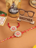NVR Set of 2 Handmade Red Kundan Studded Floral Design Bhaiya Bhabhi Rakhi Combo | Grocsy