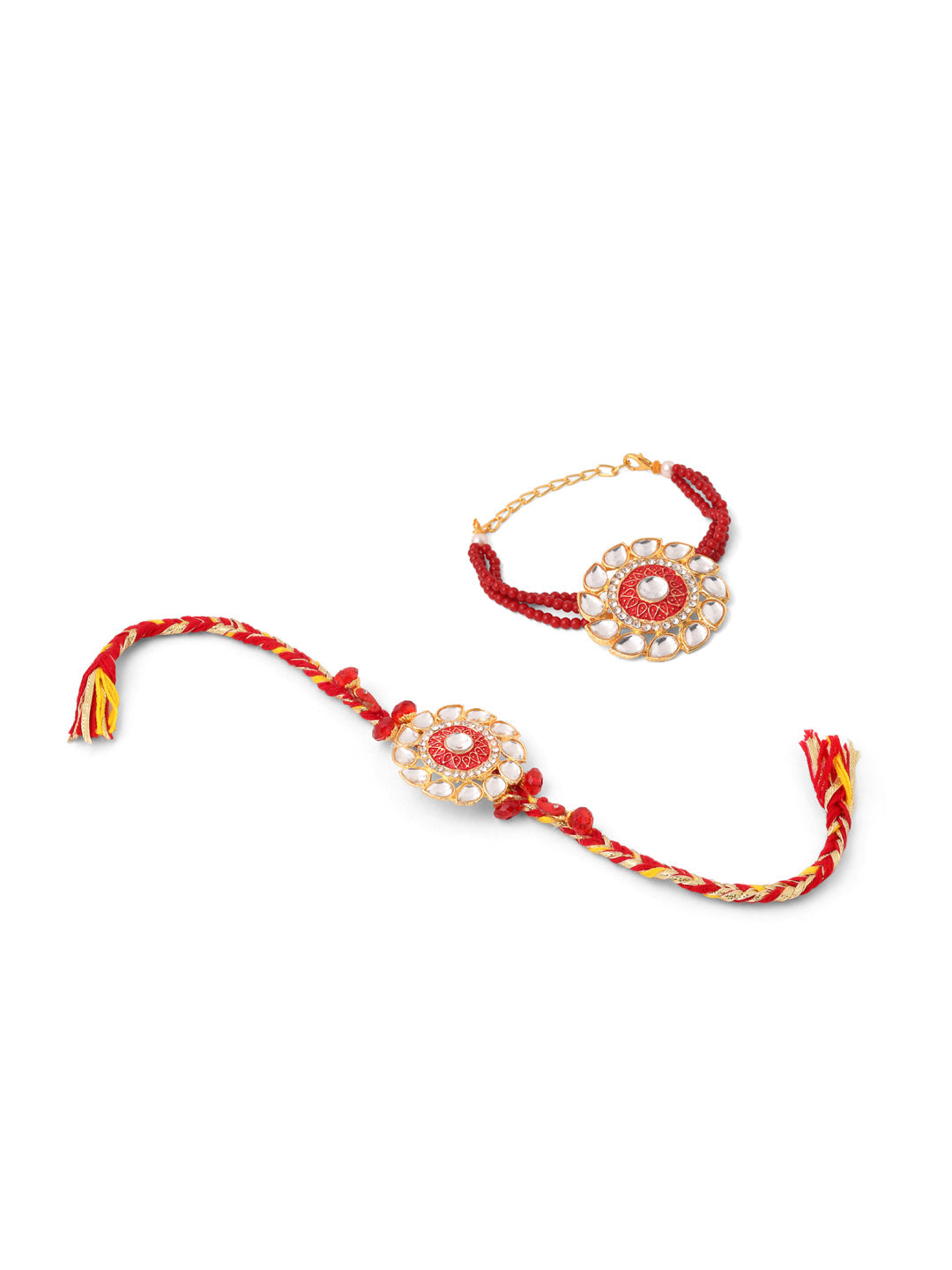 NVR Set of 2 Handmade Red Kundan Studded Floral Design Bhaiya Bhabhi Rakhi Combo | Grocsy