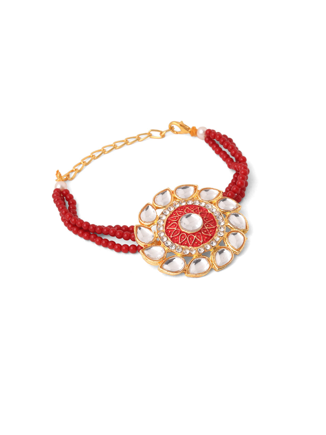 NVR Set of 2 Handmade Red Kundan Studded Floral Design Bhaiya Bhabhi Rakhi Combo | Grocsy