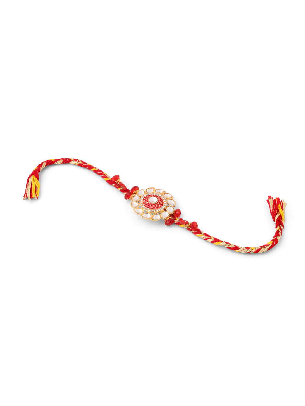 NVR Set of 2 Handmade Red Kundan Studded Floral Design Bhaiya Bhabhi Rakhi Combo | Grocsy