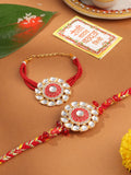 NVR Set of 2 Handmade Red Kundan Studded Floral Design Bhaiya Bhabhi Rakhi with Roli Chawal Chandan & Mishri | Grocsy