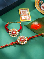 NVR Set of 2 Handmade Red Kundan Studded Floral Design Bhaiya Bhabhi Rakhi with Roli Chawal Chandan & Mishri | Grocsy