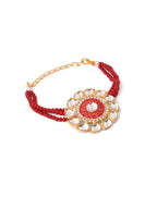 NVR Set of 2 Handmade Red Kundan Studded Floral Design Bhaiya Bhabhi Rakhi with Roli Chawal Chandan & Mishri | Grocsy