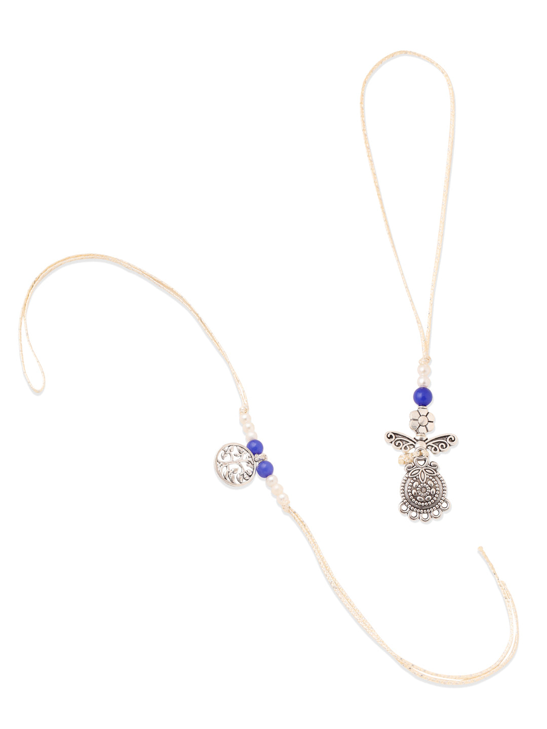 NVR Set of 2 Silver Toned Pearls & Beads Bhaiya Bhabhi Rakhi Combo | Grocsy