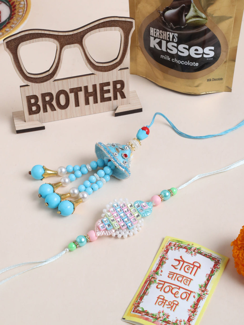 NVR Set of 2 Blue & Pink Artificial Stones & Beads Bhaiya Bhabhi Rakhi Combo | Grocsy