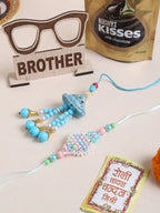 NVR Set of 2 Blue & Pink Artificial Stones & Beads Bhaiya Bhabhi Rakhi Combo | Grocsy