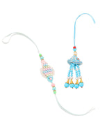 NVR Set of 2 Blue & Pink Artificial Stones & Beads Bhaiya Bhabhi Rakhi Combo | Grocsy