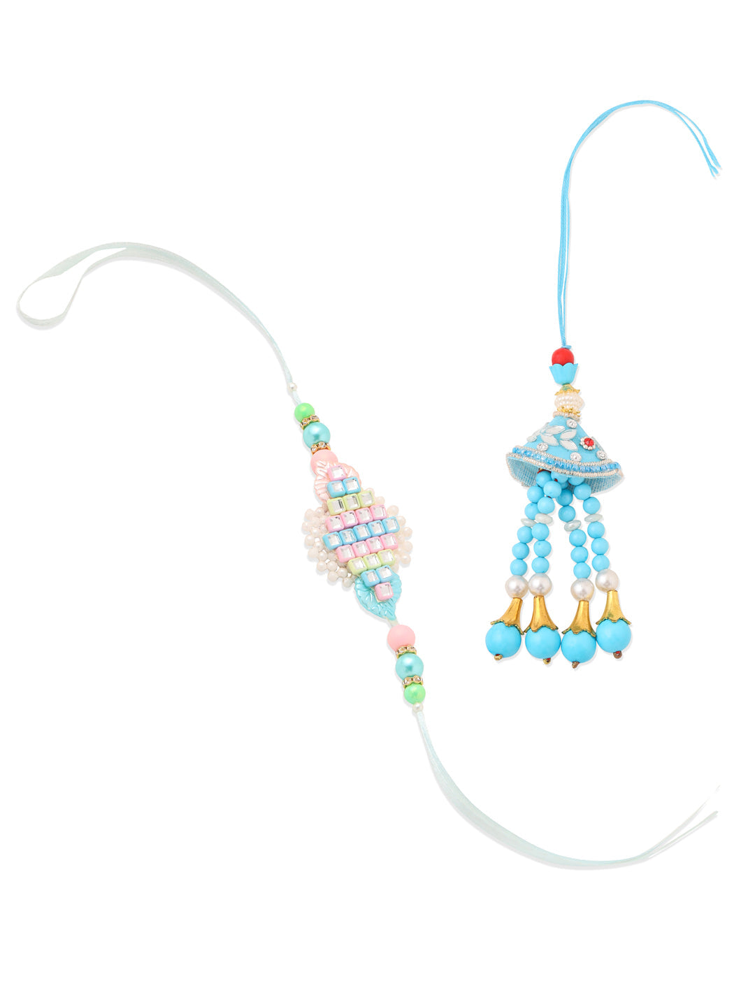 NVR Set of 2 Blue & Pink Artificial Stones & Beads Bhaiya Bhabhi Rakhi Combo | Grocsy