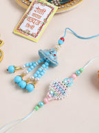 NVR Set of 2 Blue & Pink Artificial Stones & Beads Bhaiya Bhabhi Rakhi with Roli Chawal Chandan & Mishri | Grocsy