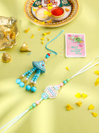 NVR Set of 2 Blue & Pink Artificial Stones & Beads Bhaiya Bhabhi Rakhi with Roli Chawal Chandan & Mishri | Grocsy