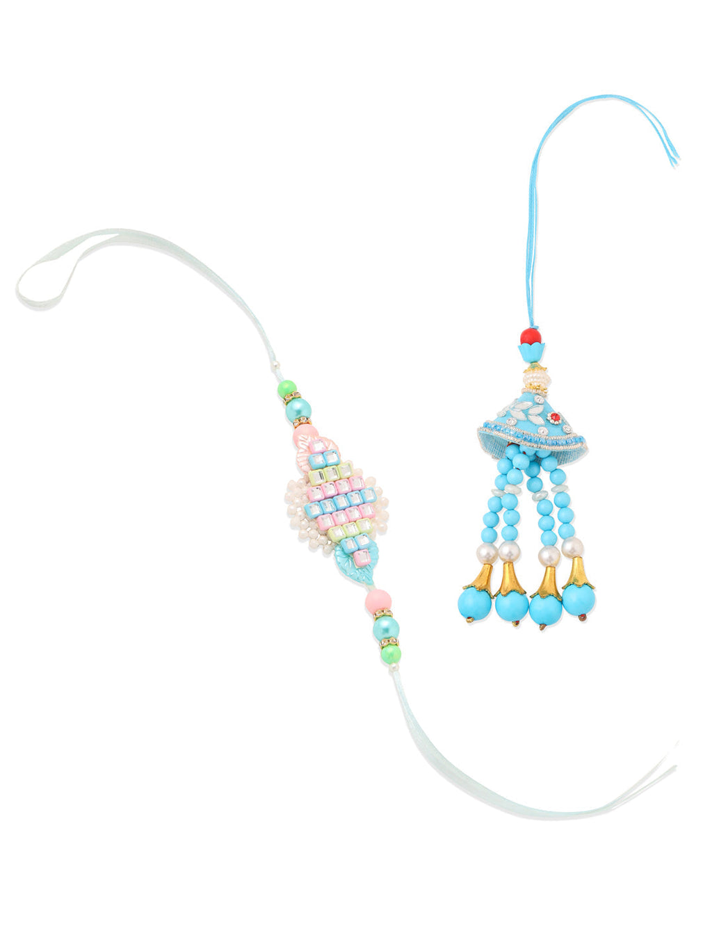 NVR Set of 2 Blue & Pink Artificial Stones & Beads Bhaiya Bhabhi Rakhi with Roli Chawal Chandan & Mishri | Grocsy