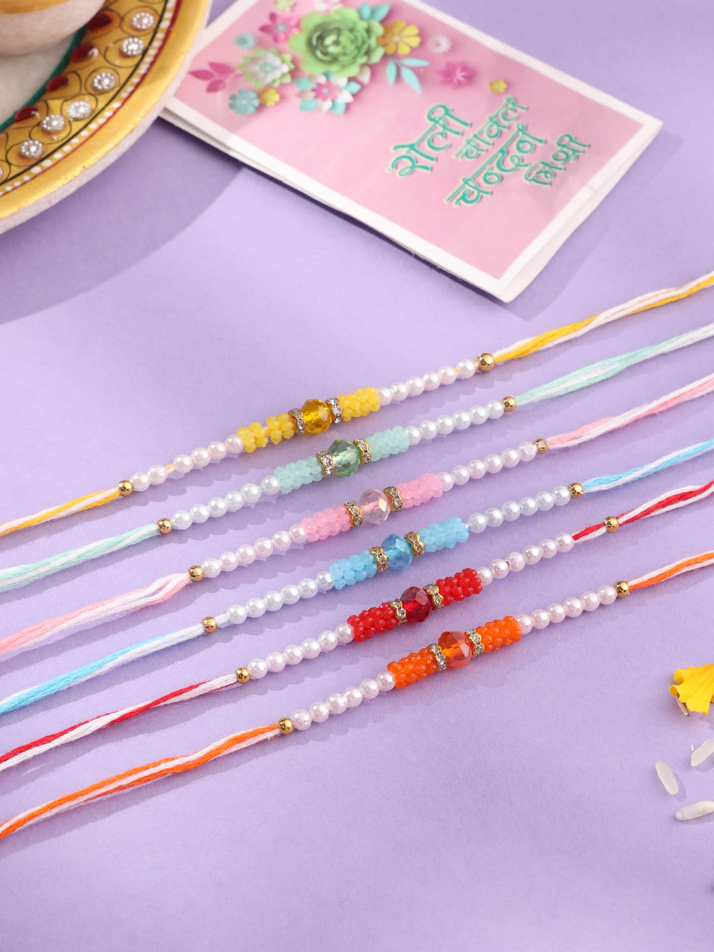 NVR Men Set of 6 Multicolor Artificial Stones & Pearls Rakhi with Roli Chawal Chandan & Mishri | Grocsy